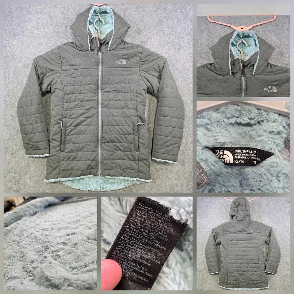 The North Face‎ Mossbud Swirl Jacket Girls XL 18 Gray Sherpa Fleece Lined Puffer